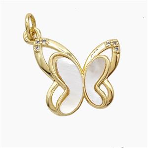 Copper Butterfly Pendant Pave Shell 18K Gold Plated, approx 16-17mm