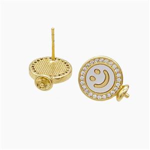 Copper Emoji Stud Earrings Pave Shell Smileface 18K Gold Plated, approx 12mm