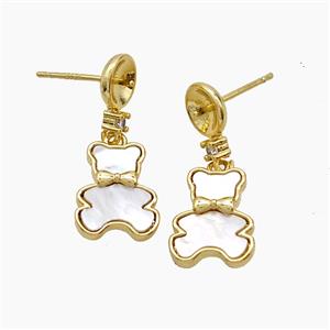 Copper Bear Stud Earrings Pave Shell 18K Gold Plated, approx 10-13mm, 7mm
