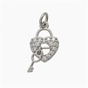 Copper Heart Lock And Key Pendant Pave Zirconia Platinum Plated, approx 9-11mm
