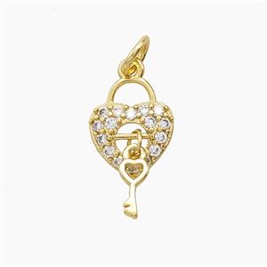 Copper Heart Lock And Key Pendant Pave Zirconia Gold Plated, approx 9-11mm