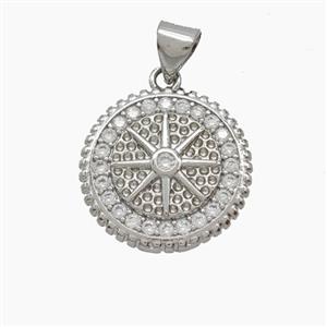 Copper Compass Pendant Pave Zirconia Platinum Plated, approx 17mm