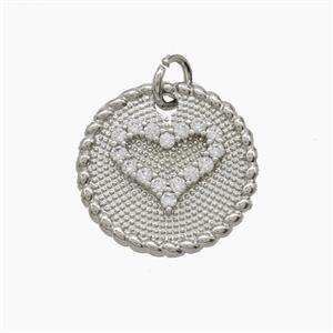 Copper Heart Pendant Pave Zirconia Circle Platinum Plated, approx 17mm