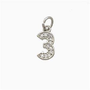 Copper Number-3 Pendant Pave Zirconia Three Platinum Plated, approx 4-10mm