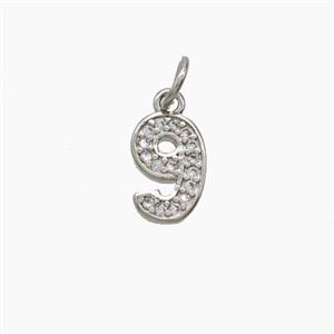 Copper Number-9 Pendant Pave Zirconia Nine Platinum Plated, approx 4-10mm