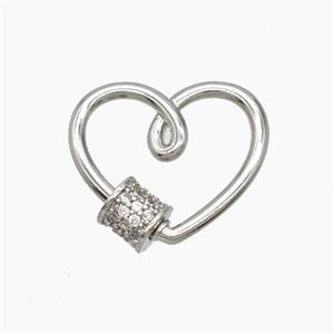 Copper Heart Carabiner Clasp Pave Zirconia Platinum Plated, approx 17mm