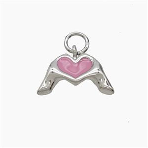 Copper Hand Heart Pendant Pink Enamel Platinum Plated, approx 9-15mm