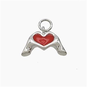 Copper Hand Heart Pendant Red Enamel Platinum Plated, approx 9-15mm