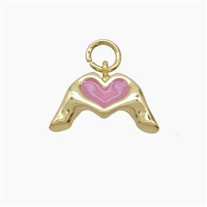 Copper Hand Heart Pendant Pink Enamel Gold Plated, approx 9-15mm