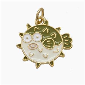 Copper Puffer Fish Pendant White Green Enamel Gold Plated, approx 16-17.5mm