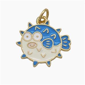 Copper Puffer Fish Pendant White Blue Enamel Gold Plated, approx 16-17.5mm