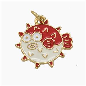 Copper Puffer Fish Pendant White Red Enamel Gold Plated, approx 16-17.5mm