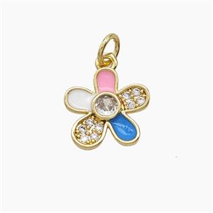 Copper Flower Pendant Pave Zirconia Enamel Gold Plated, approx 12mm
