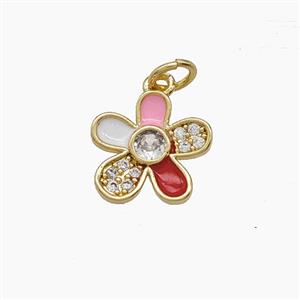 Copper Flower Pendant Pave Zirconia Enamel Gold Plated, approx 12mm