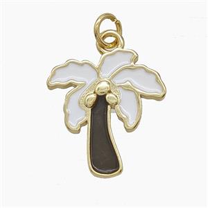 Copper Coconut Tree Pendant White Enamel Palm Gold Plated, approx 17-19mm