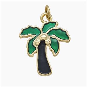 Copper Coconut Tree Pendant Green Enamel Palm Gold Plated, approx 17-19mm