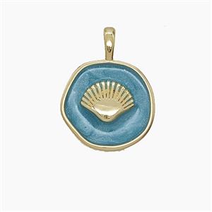 Copper Scallop Shell Pendant Teal Enamel Circle Gold Plated, approx 14mm