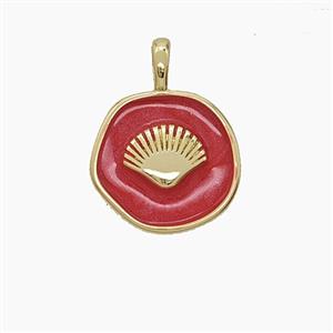 Copper Scallop Shell Pendant Red Enamel Circle Gold Plated, approx 14mm