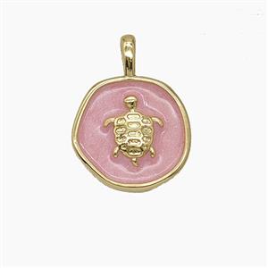 Copper Tortoise Pendant Pink Enamel Circle Gold Plated, approx 14mm