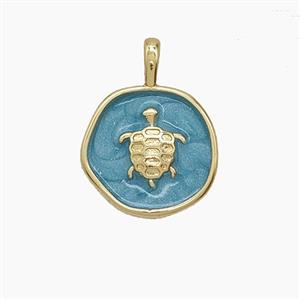 Copper Tortoise Pendant Teal Enamel Circle Gold Plated, approx 14mm
