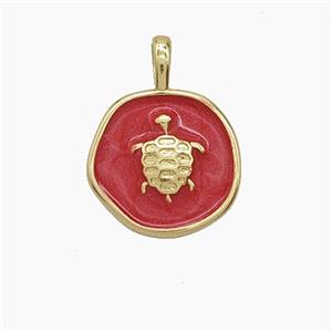 Copper Tortoise Pendant Red Enamel Circle Gold Plated, approx 14mm