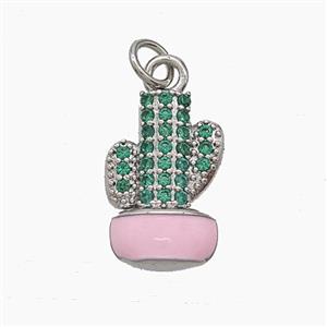 Copper Cactus Pendant Pave Zirconia Pink Enamel Platinum Plated, approx 10-16mm