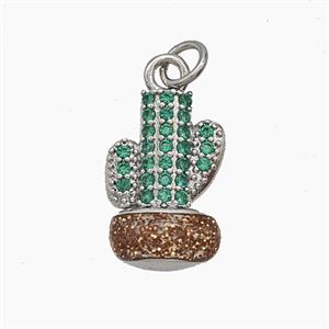 Copper Cactus Pendant Pave Zirconia Red Enamel Platinum Plated, approx 10-16mm