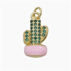 Copper Cactus Pendant Pave Zirconia Pink Enamel Gold Plated, approx 10-16mm