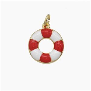 Copper Lifebuoy Pendant Red Enamel Gold Plated, approx 13mm