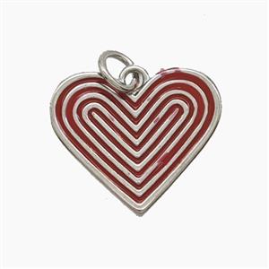 Copper Ribbed Heart Pendant Red Enamel Platinum Plated, approx 17.5mm