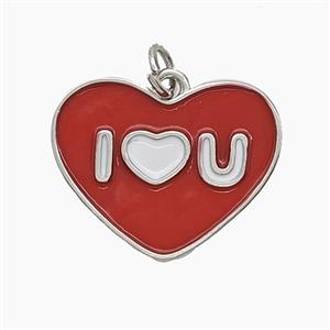 Copper Heart Pendant Red Enamel ILOVEU Platinum Plated, approx 16-20mm