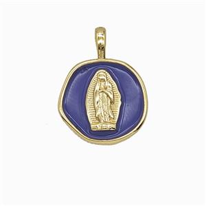 Copper Virgin Mary Pendant Purple Enamel Gold Plated, approx 14mm