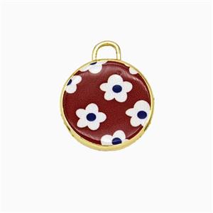 Copper Circle Pendant Painted Flower Gold Plated, approx 17mm