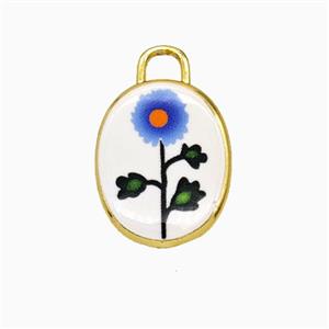 Copper Oval Pendant Painted Flower Gold Plated, approx 13.5-17mm