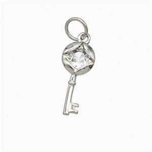Copper Key Pendant Pave Zirconia Platinum Plated, approx 7-15mm