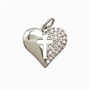 Copper Heart Pendant Pave Zirconia Cross Platinum Plated, approx 15mm