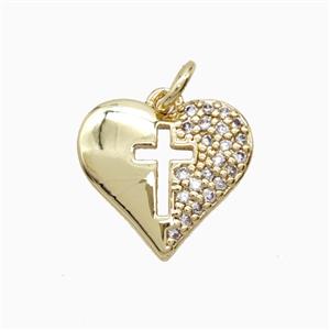 Copper Heart Pendant Pave Zirconia Cross Gold Plated, approx 15mm