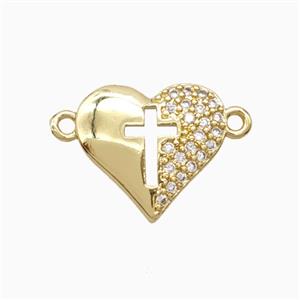 Copper Heart Connector Pave Zirconia Cross Gold Plated, approx 15mm