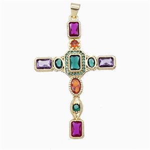 Copper Cross Pendant Pave Zirconia Multicolor Gold Plated, approx 30-45mm