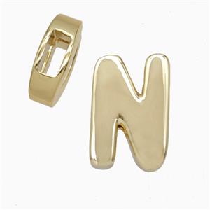 Copper Letter-N Beads Flat Hole Gold Plated, approx 14-17mm, 4-8mm hole