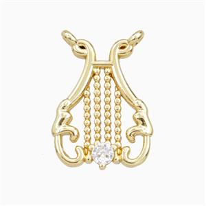 Lyre Charms Copper Musical Pendant Pave Zirconia Gold Plated, approx 15-18mm