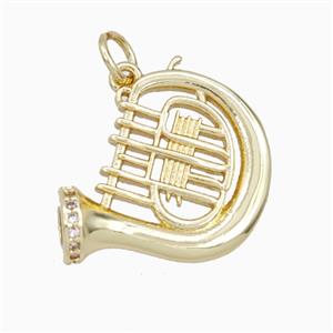 French Horn Charms Copper Musical Pendant Pave Zirconia Gold Plated, approx 18mm