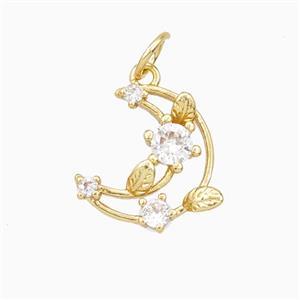 Copper Moom Pendant Pave Zirconia Leaf Gold Plated, approx 11-13mm