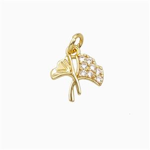 Ginkgo Leaf Charms Copper Pendant Pave Zirconia Gold plated, approx 9mm