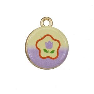 Alloy Coin Pendant Flower Painted Gold Plated, approx 15mm