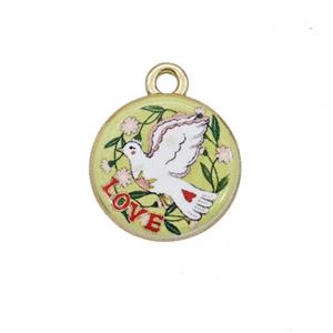 Alloy Coin Pendant Dove Birds Painted Gold Plated, approx 15mm