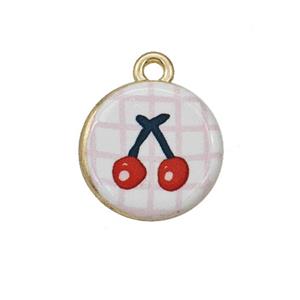 Alloy Coin Pendant Cherry Painted Gold Plated, approx 15mm