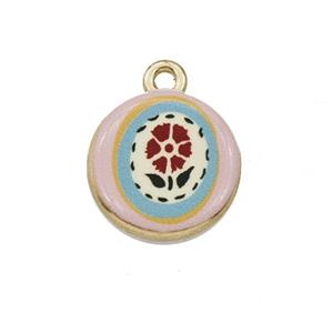 Alloy Coin Pendant Flower Painted Gold Plated, approx 15mm