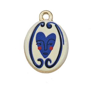 Alloy Oval Pendant Heartface Painted Gold Plated, approx 14-17mm