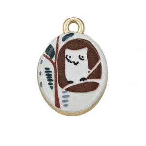 Alloy Oval Pendant Owl Painted Gold Plated, approx 14-17mm